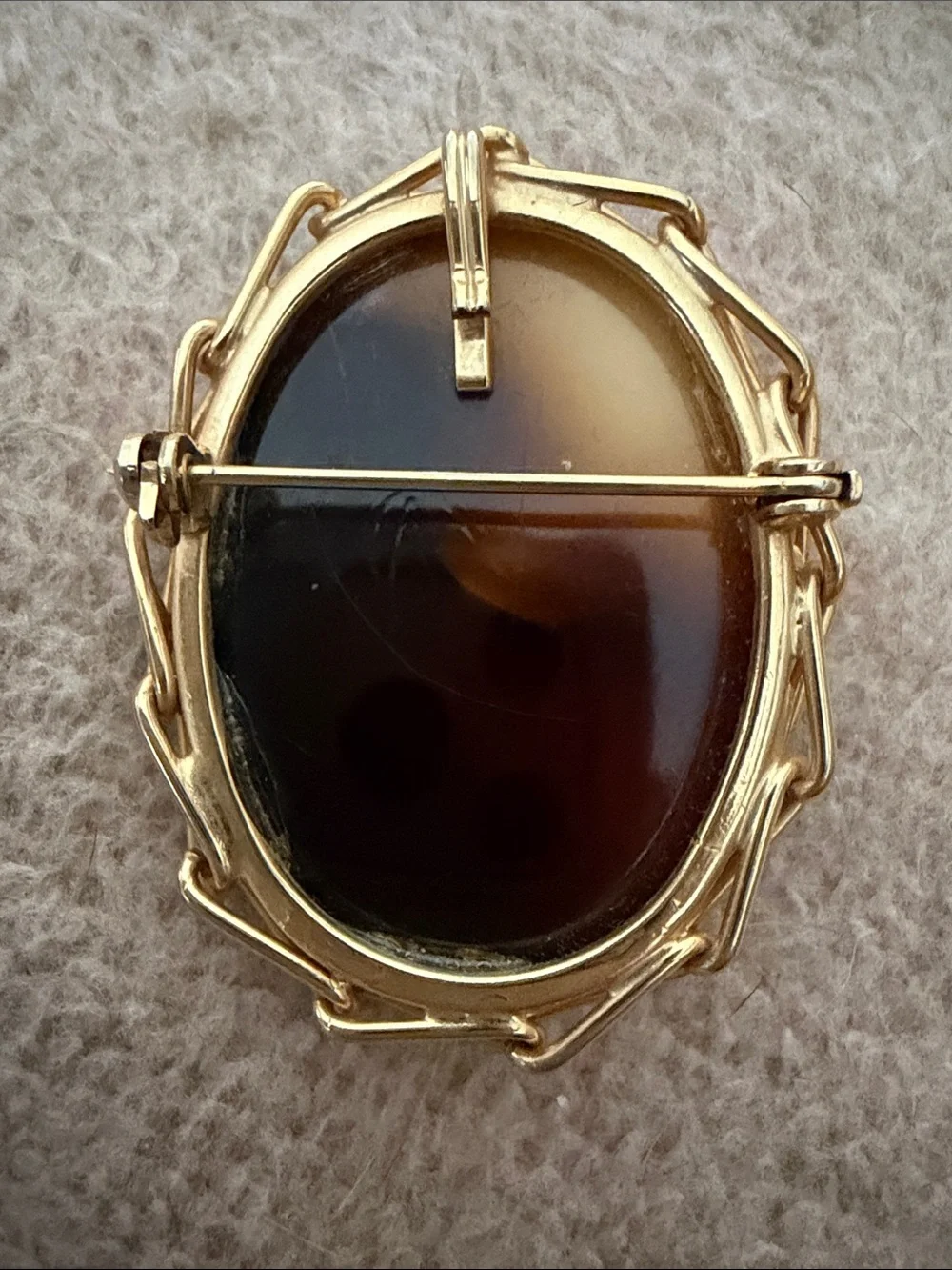 Vintage Cameo Resin & Gold-Tone Oval Brooch - Brown
